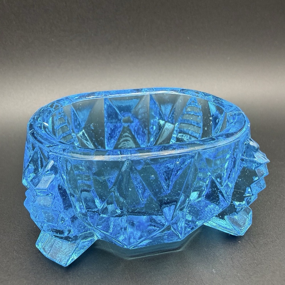Art Deco Blue Depression Glass Master Salt Cellar Footed Geometric Zipper Design - Picture 2 of 13